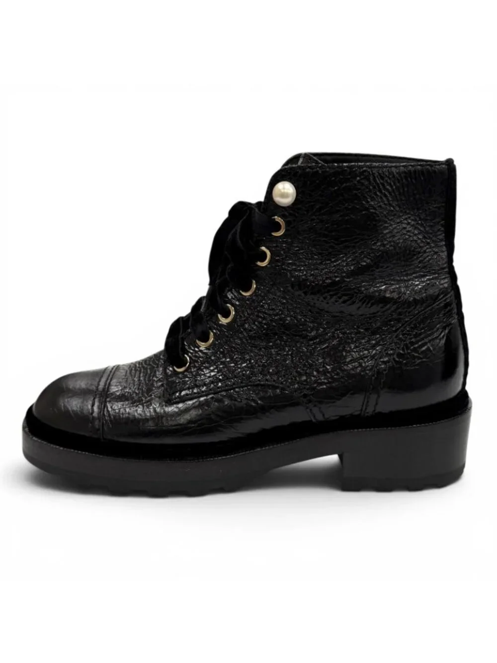 Chanel Faux Pearl with CC Logo Lace-up Leather Engineer Boots Black